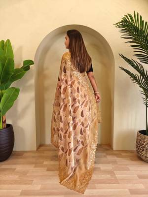 Mustard handcrafted organza with digital print saree with unstitched blouse 2