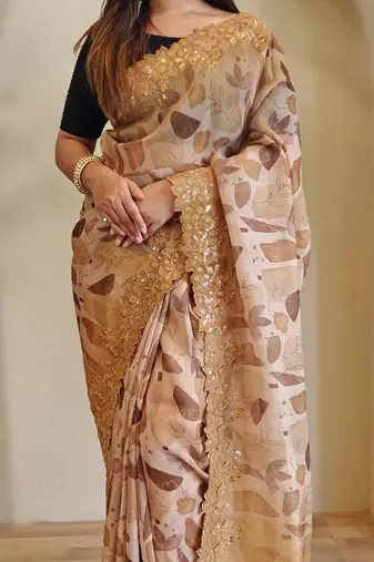 Mustard handcrafted organza with digital print saree with unstitched blouse