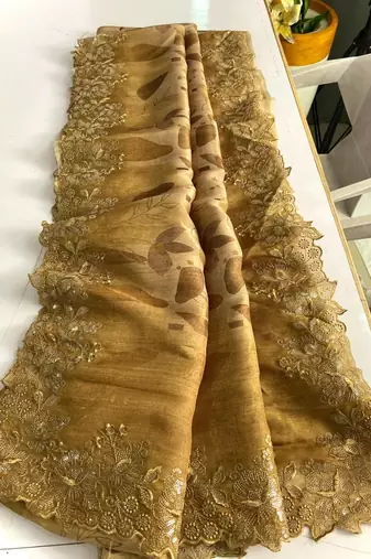 Mustard handcrafted organza with digital print saree with unstitched blouse