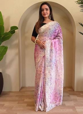 Multi handcrafted organza with digital print saree with unstitched blouse 1