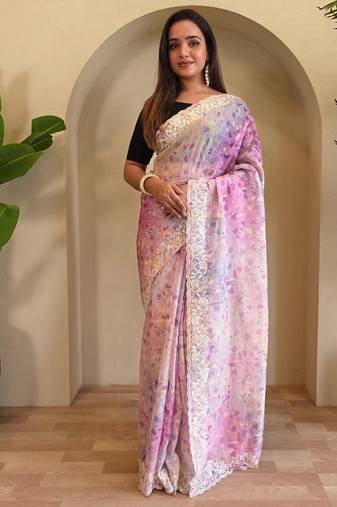 Multi handcrafted organza with digital print saree with unstitched blouse
