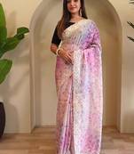 Multi handcrafted organza with digital print saree with unstitched blouse