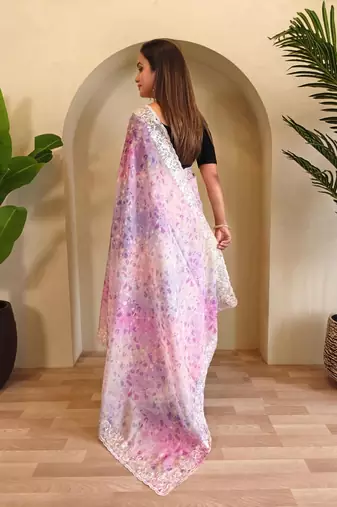 Multi handcrafted organza with digital print saree with unstitched blouse