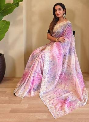 Multi handcrafted organza with digital print saree with unstitched blouse 3