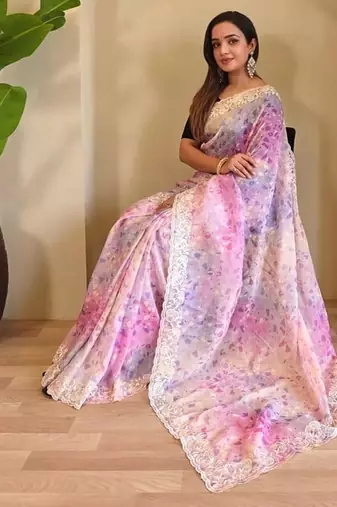 Multi handcrafted organza with digital print saree with unstitched blouse