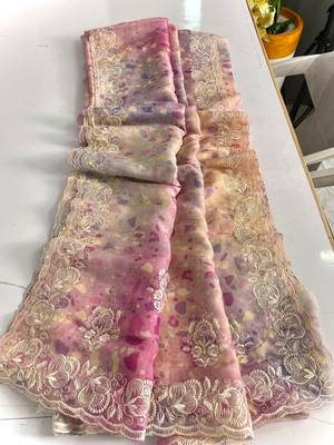 Multi handcrafted organza with digital print saree with unstitched blouse 4