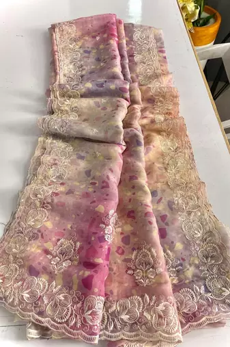 Multi handcrafted organza with digital print saree with unstitched blouse