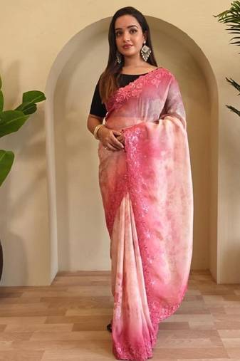 Pink handcrafted organza with digital print saree with unstitched blouse