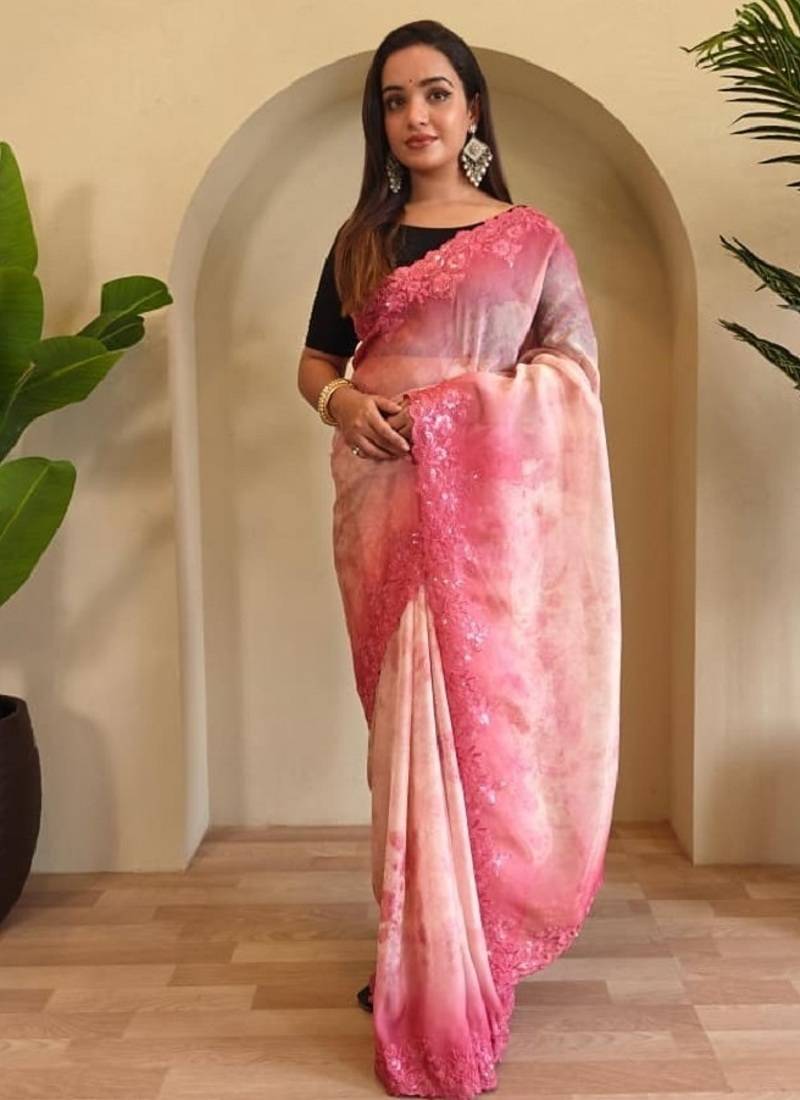 Pink handcrafted organza with digital print saree with unstitched blouse