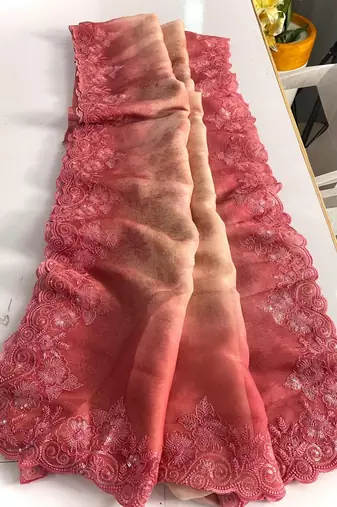Pink handcrafted organza with digital print saree with unstitched blouse