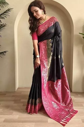Black dual tone silk weaving saree with unstitched blouse