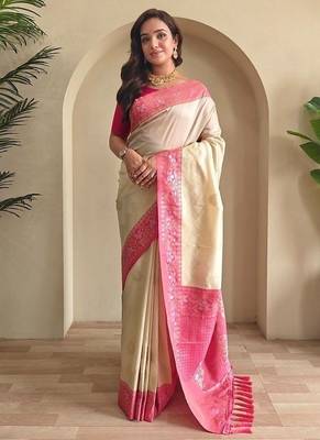 Cream dual tone silk weaving saree with unstitched blouse 2