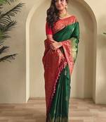 Green dual tone silk weaving saree with unstitched blouse