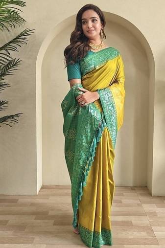 Lime dual tone silk weaving saree with unstitched blouse