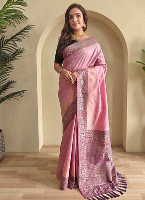 Pink dual tone silk weaving saree with unstitched blouse 3