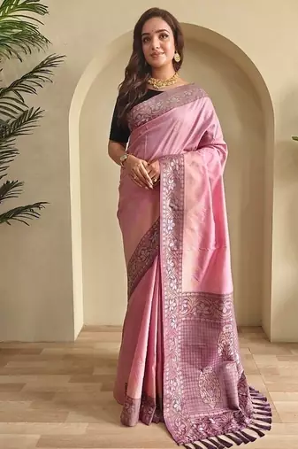 Pink dual tone silk weaving saree with unstitched blouse
