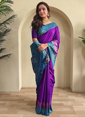 Purple dual tone silk weaving saree with unstitched blouse 1