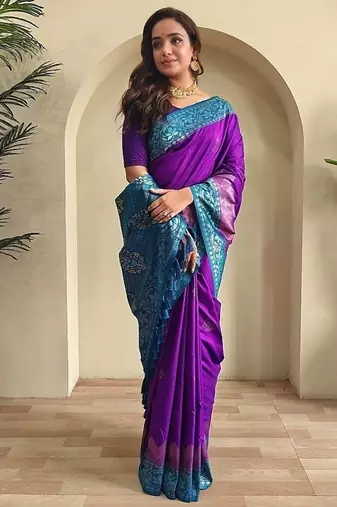 Purple dual tone silk weaving saree with unstitched blouse