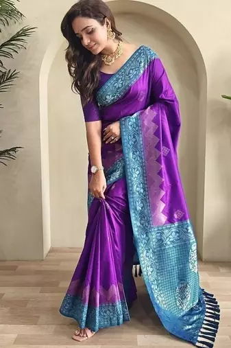 Purple dual tone silk weaving saree with unstitched blouse