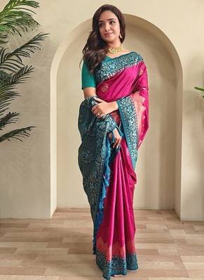Ranipink dual tone silk weaving saree with unstitched blouse 1