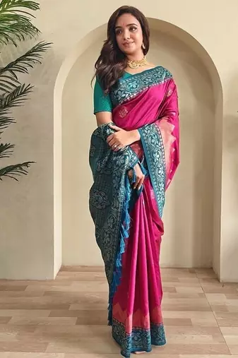 Ranipink dual tone silk weaving saree with unstitched blouse