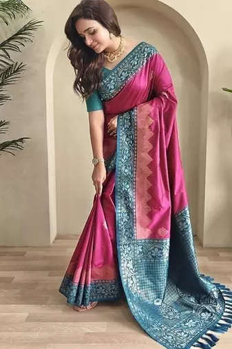 Ranipink dual tone silk weaving saree with unstitched blouse