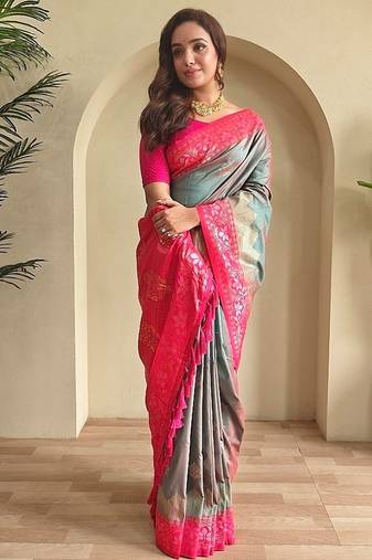 Grey dual tone silk weaving saree with unstitched blouse