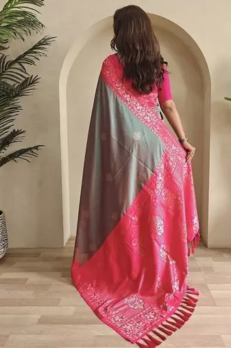 Grey dual tone silk weaving saree with unstitched blouse