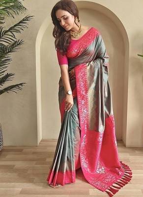 Grey dual tone silk weaving saree with unstitched blouse 3