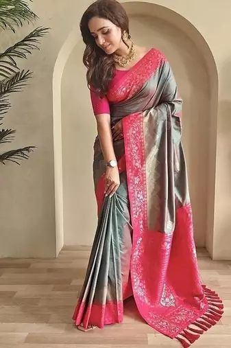 Grey dual tone silk weaving saree with unstitched blouse
