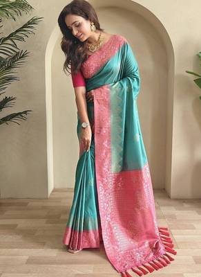 Turquoise dual tone silk weaving saree with unstitched blouse 2