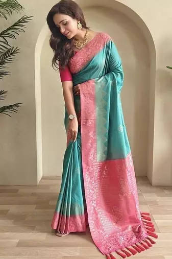 Turquoise dual tone silk weaving saree with unstitched blouse
