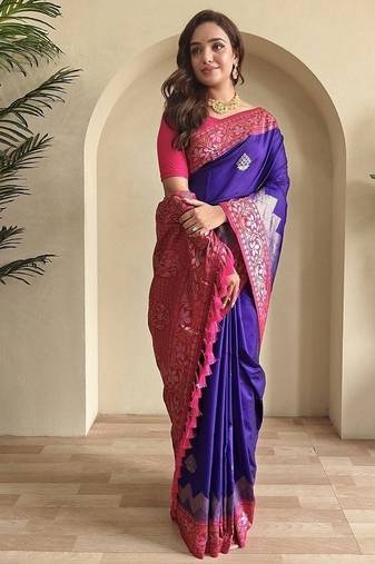 Violet dual tone silk weaving saree with unstitched blouse
