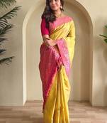 Yellow dual tone silk weaving saree with unstitched blouse