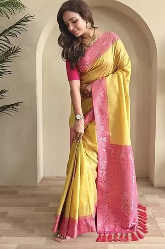 Yellow dual tone silk weaving saree with unstitched blouse