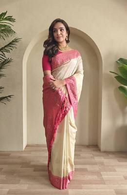 Cream dual tone silk weaving saree with unstitched blouse 1