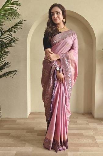 Pink dual tone silk weaving saree with unstitched blouse
