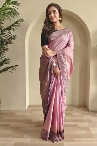 Pink dual tone silk weaving saree with unstitched blouse