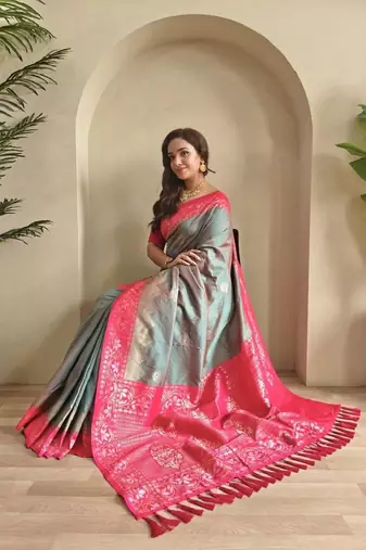Grey dual tone silk weaving saree with unstitched blouse