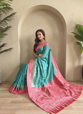 Turquoise dual tone silk weaving saree with unstitched blouse 4