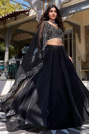 black silk lehenga choli with beads and sequins work