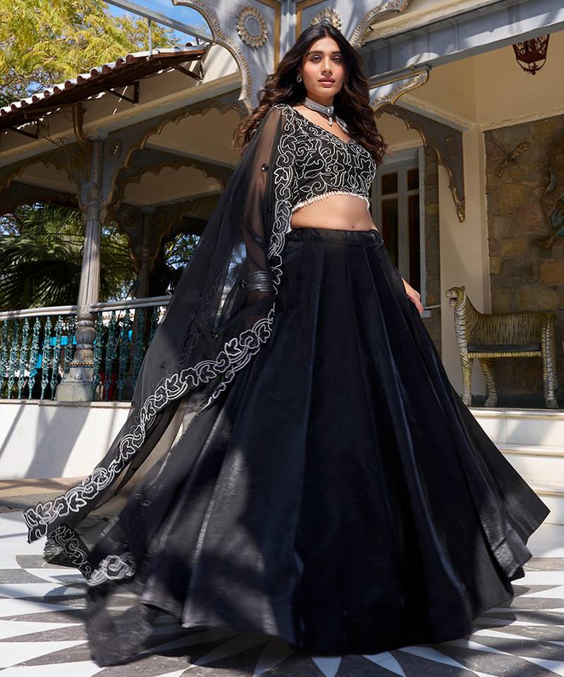 black silk lehenga choli with beads and sequins work