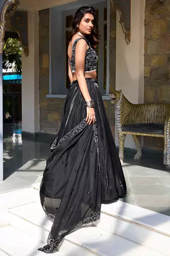 black silk lehenga choli with beads and sequins work