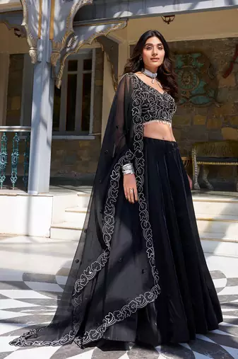 black silk lehenga choli with beads and sequins work