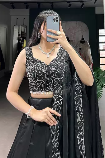 black silk lehenga choli with beads and sequins work