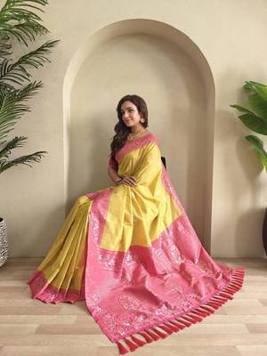 Yellow dual tone silk weaving saree with unstitched blouse 4