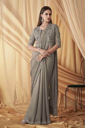 Grey Satin Embroidery With Sequence Work Saree with Unstitched Shrug and Blouse