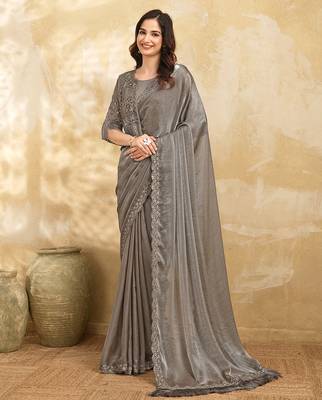 Grey Satin Embroidery With Sequence Work Saree with Unstitched Shrug and Blouse 1