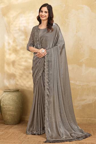 Grey Satin Embroidery With Sequence Work Saree with Unstitched Shrug and Blouse