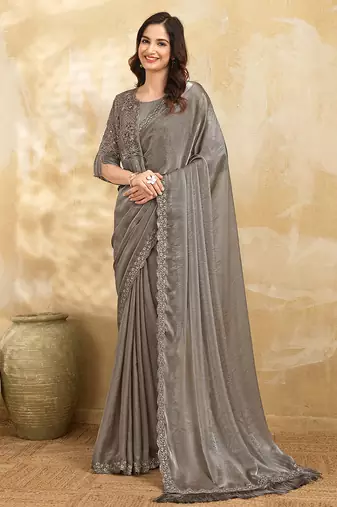 Grey Satin Embroidery With Sequence Work Saree with Unstitched Shrug and Blouse